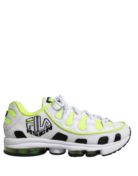 White sneaker with yellow accents and black logo on side