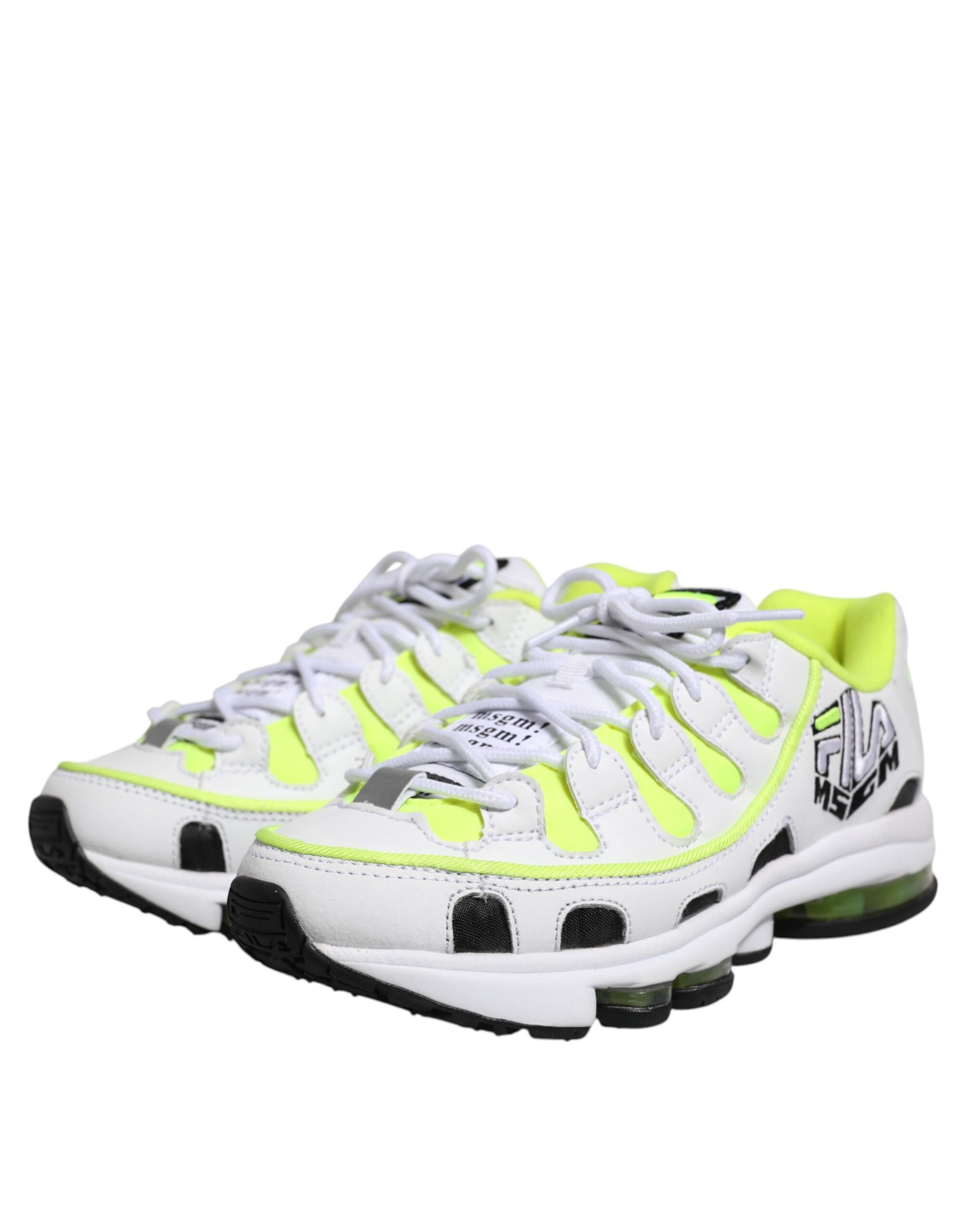 White and yellow sneakers with black laces
