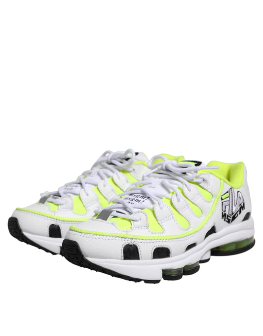 White and yellow sneakers with black laces
