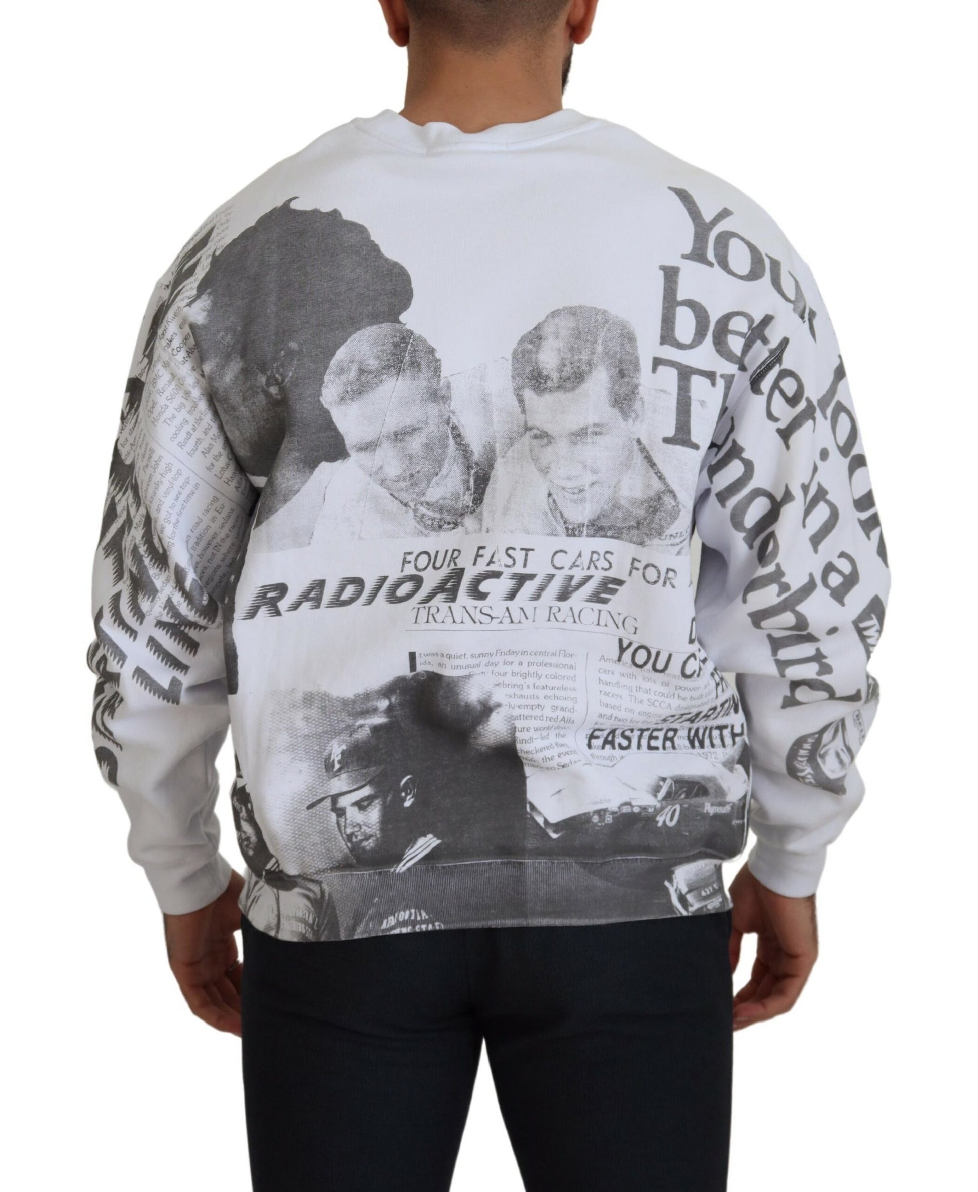 Man wearing a sweatshirt with newspaper print