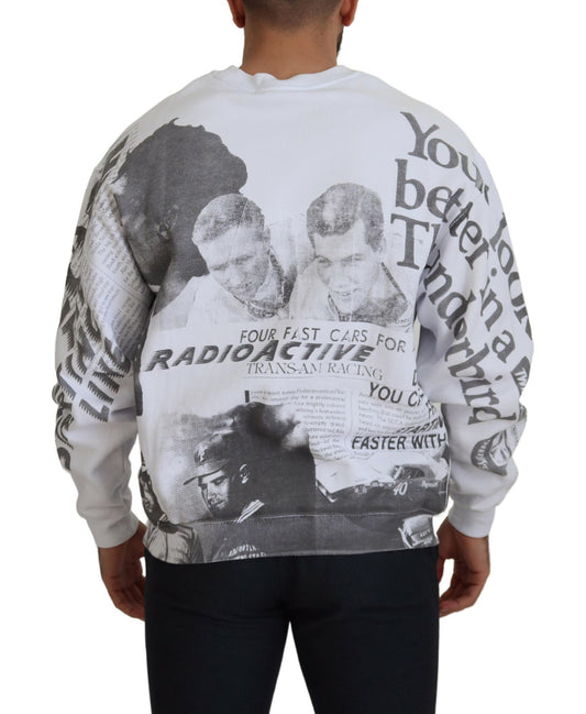 Man wearing a sweatshirt with newspaper print