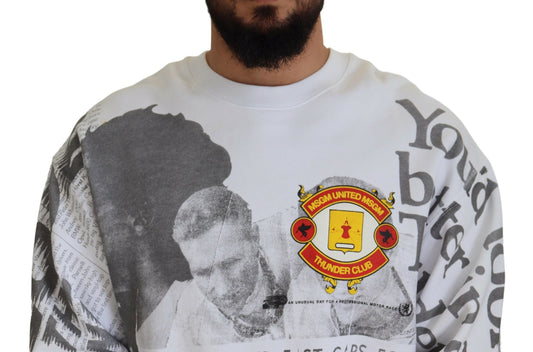 Mannequin wearing a sweatshirt with a graphic design featuring a person's face and a soccer team logo