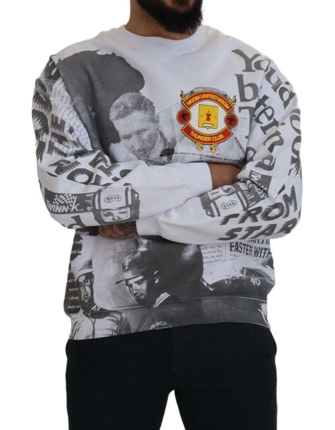Man wearing a sweatshirt with a graphic design on it