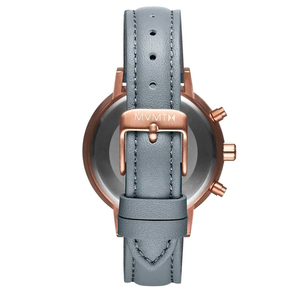 A gray leather watch with a copper face and gold accents