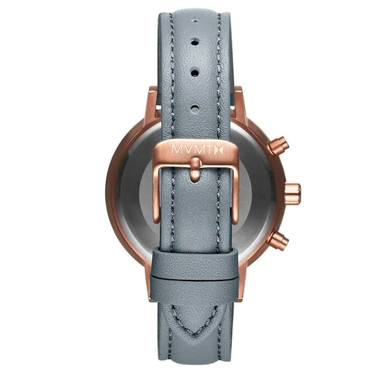 A gray leather watch with a copper face and gold accents