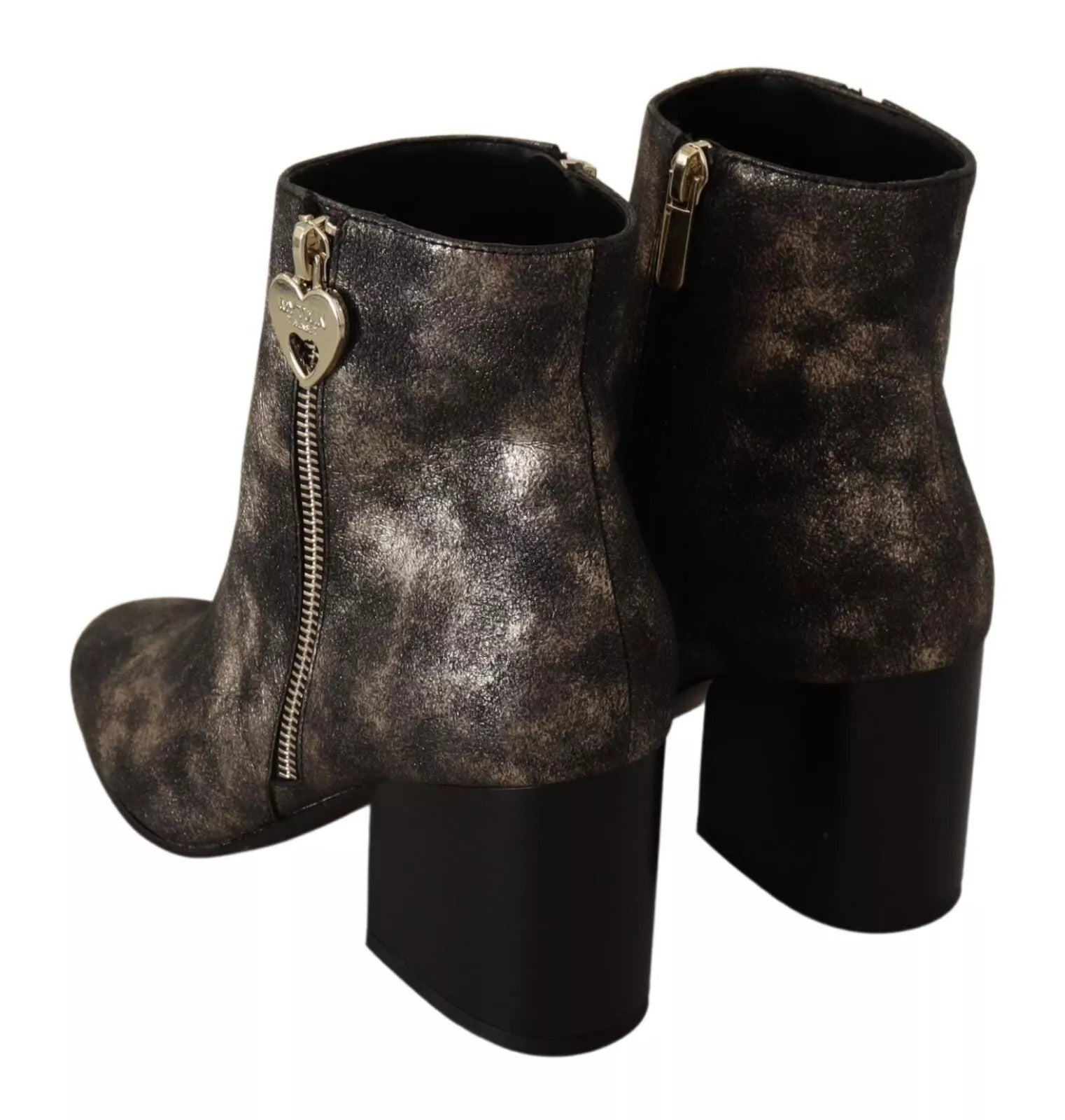 Black glittery boots with a heart zipper pull