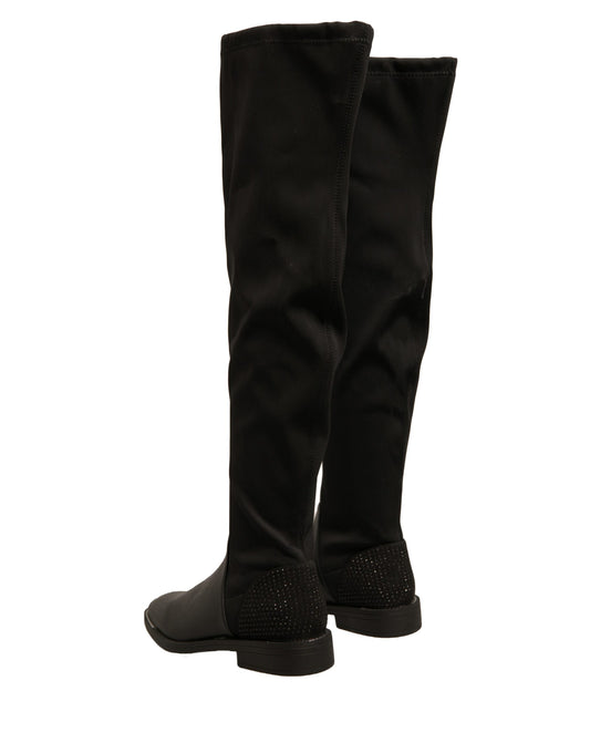 Black knee high boots with glittery heels