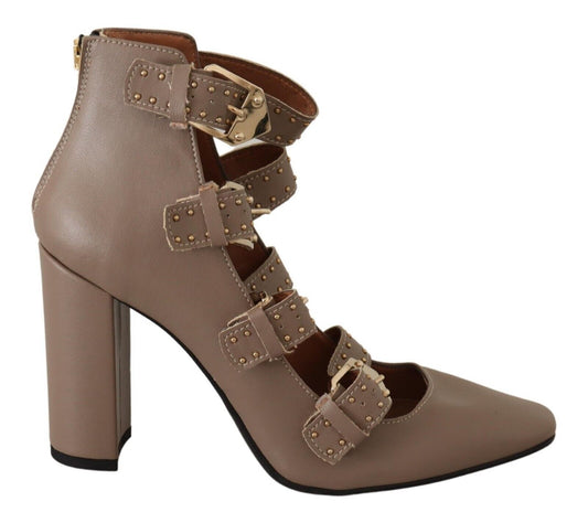Brown leather ankle boot with buckles and straps