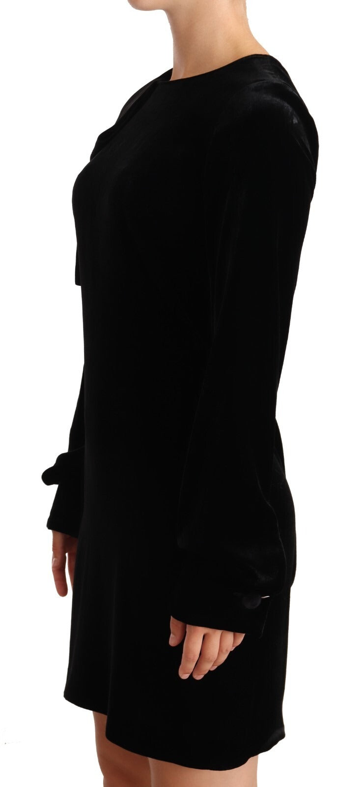 A black sheath dress with long sleeves and a round neckline, made of viscose fabric. It is designed to be a m
