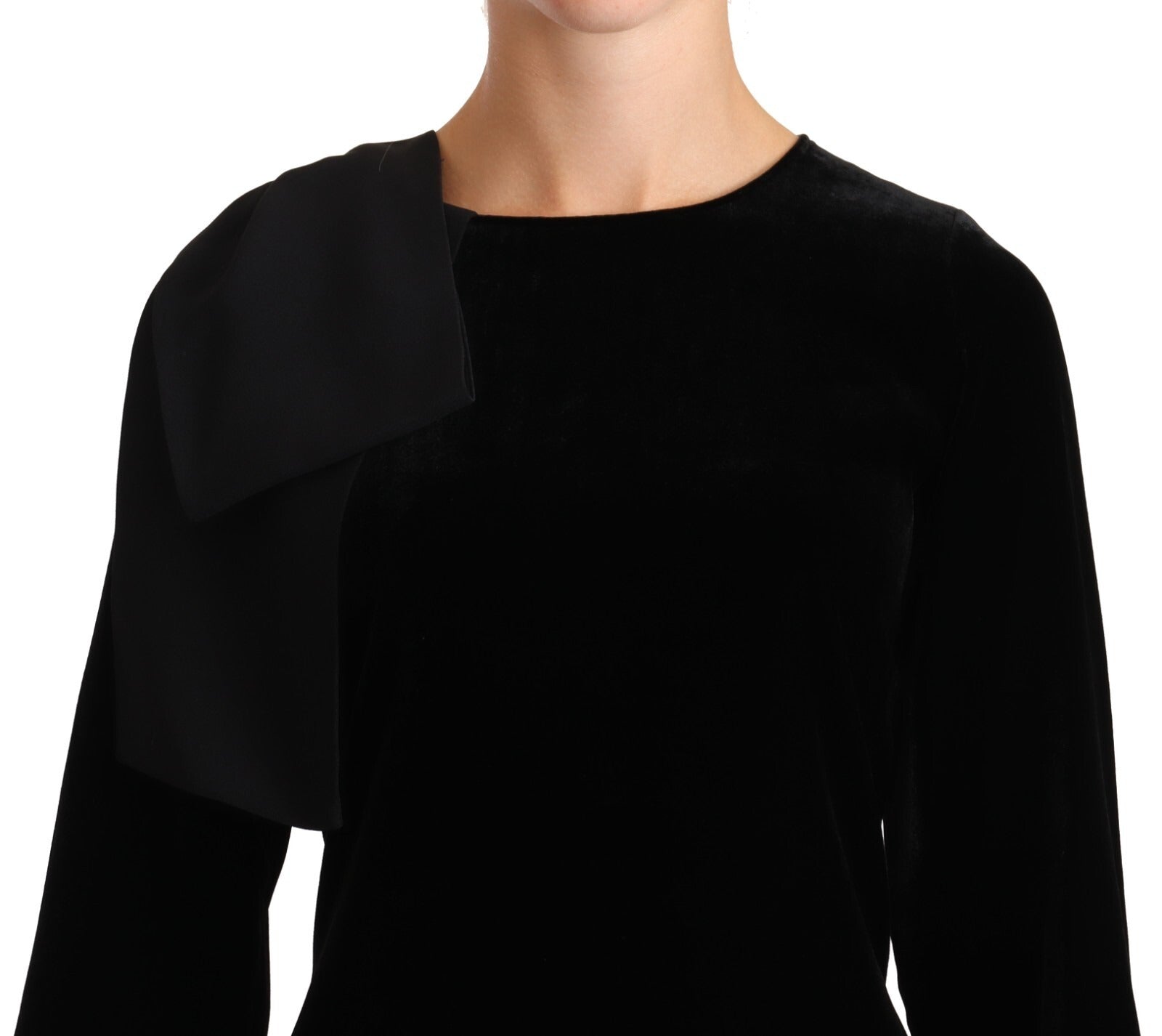 A black viscose long sleeve dress with a round neck and mini length. It features a sheath silhouette and is d