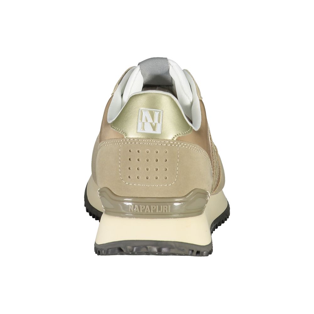 Tan women's sneaker with white laces, logo on side, and black sole