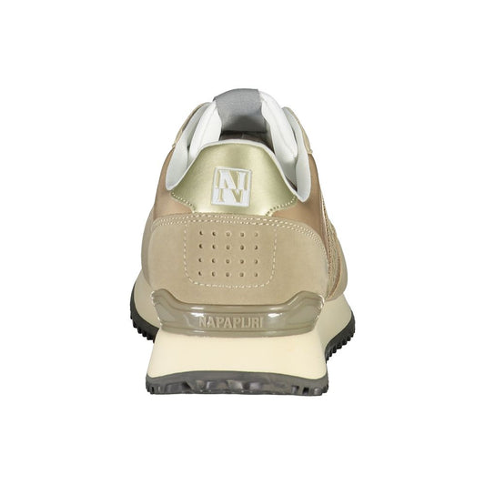 Tan women's sneaker with white laces, logo on side, and black sole