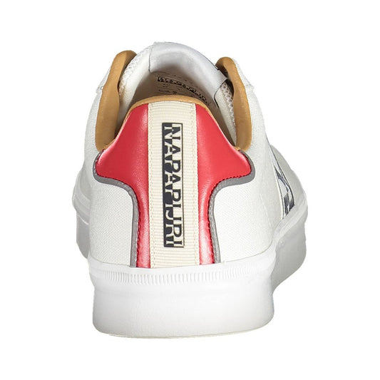 White sneaker with red accents and black laces, featuring a logo on the side