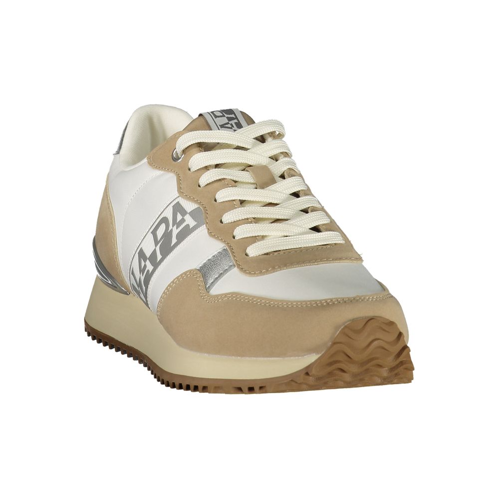 Tan women's sneakers with white laces, logo on side and sole