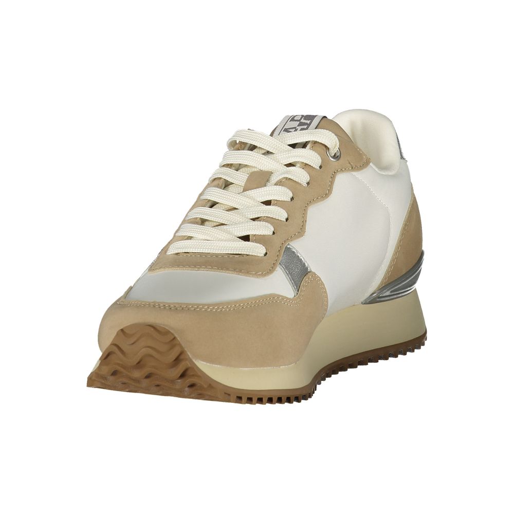 Tan and white women's sneakers with laces, rubber sole, and textured design on side