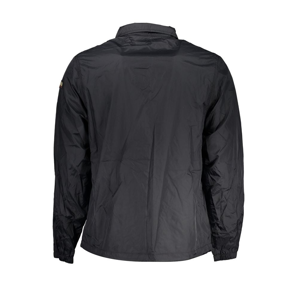 A black cotton men's jacket with a high collar and zippered front closure