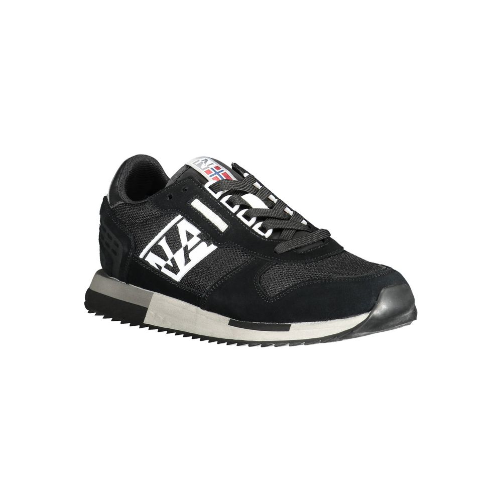 Black leather men's sneaker with white laces, logo on side, and white sole