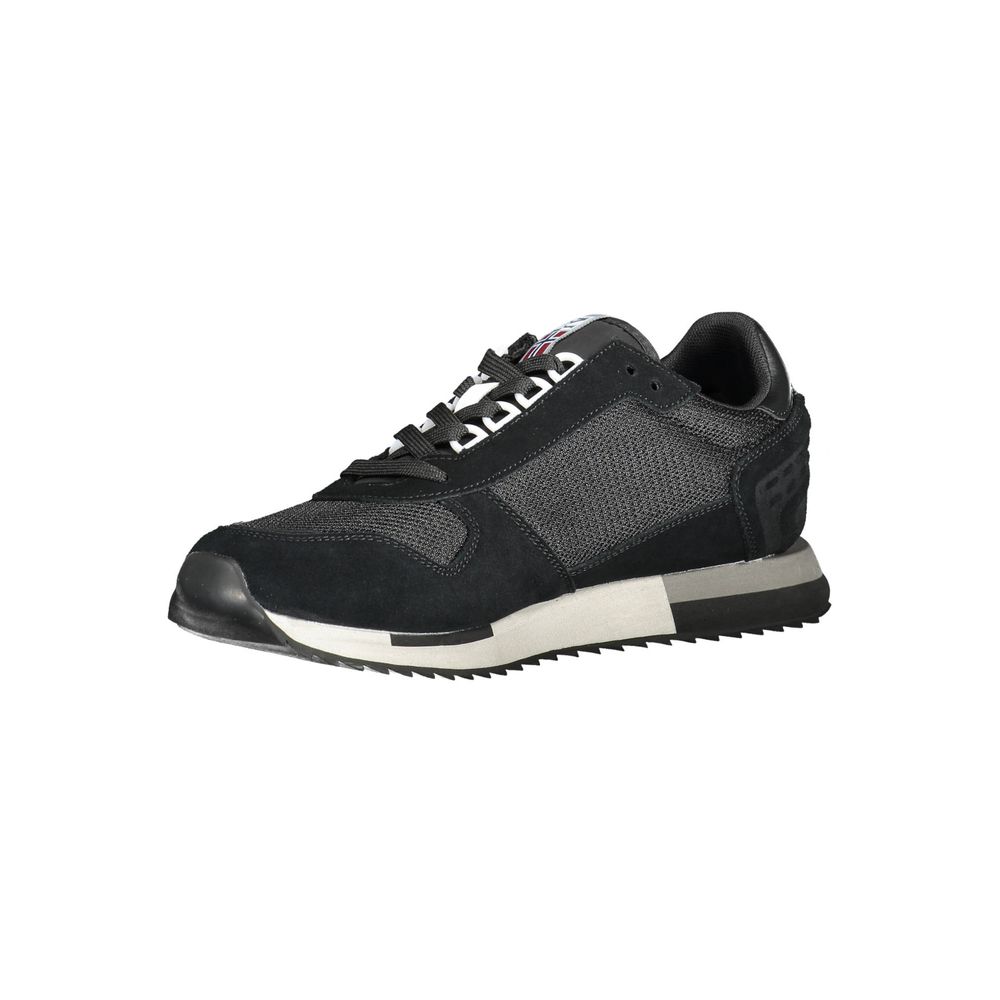 A black leather men's sneaker with white sole, laces, and logo on side
