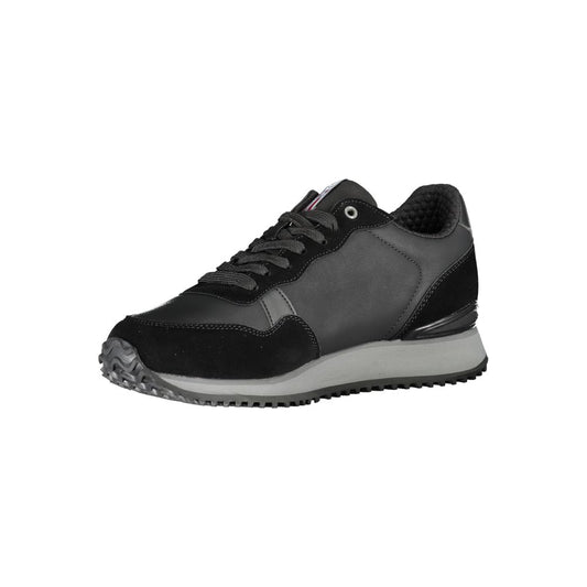 A black polyester sneaker with white sole