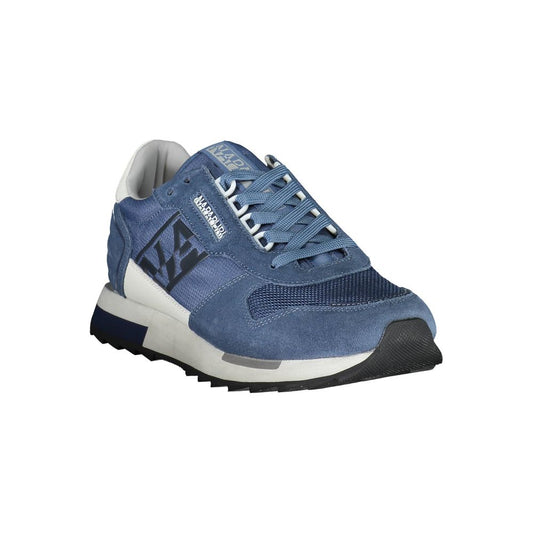 A blue polyester sneaker with white sole