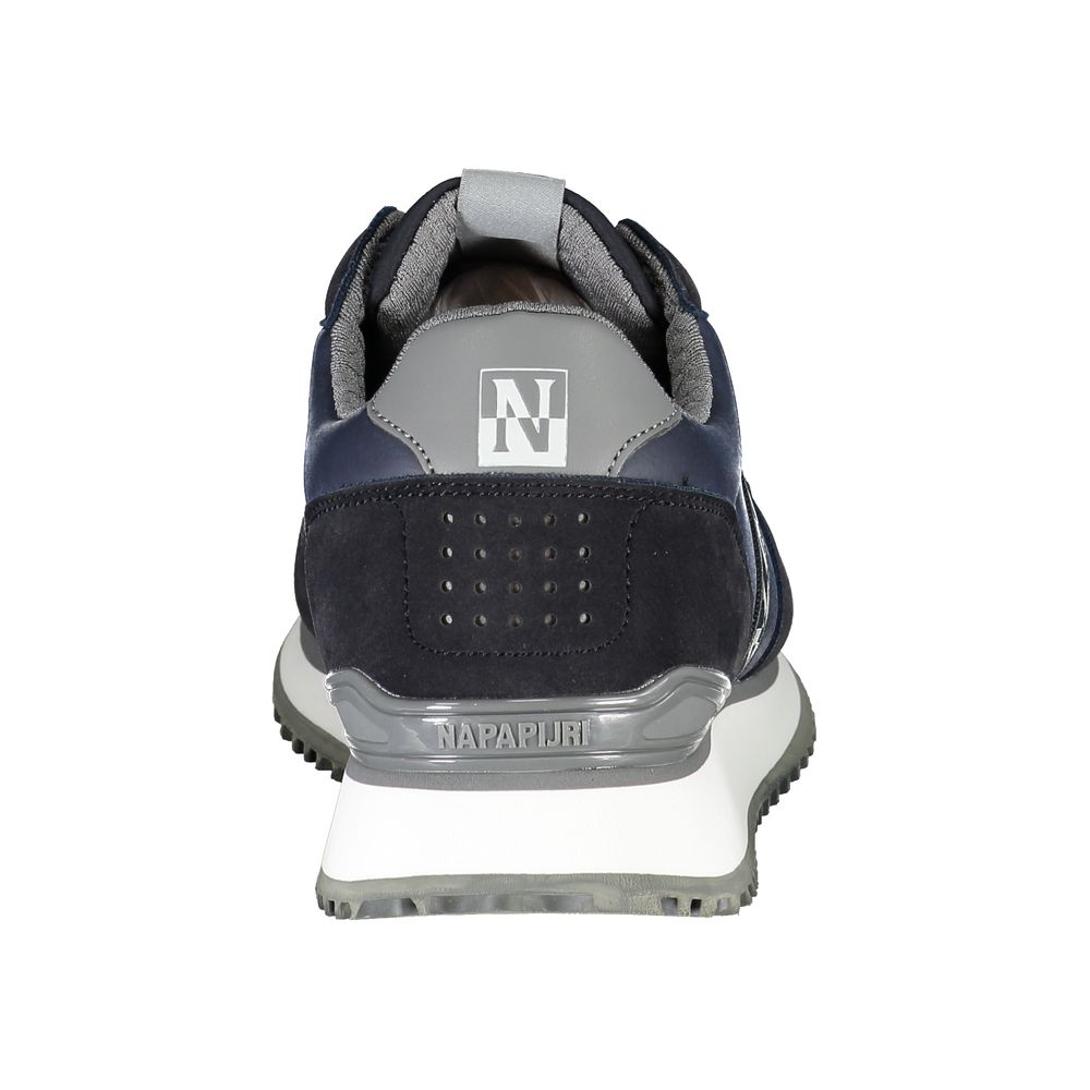 A blue polyester sneaker with white sole and logo on side