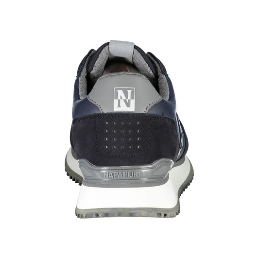 A blue polyester sneaker with white sole and logo on side