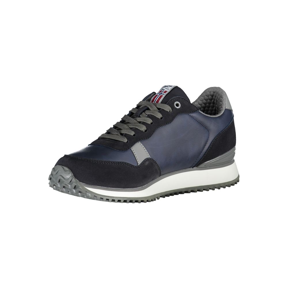 Navy blue sneaker with white sole, laces, and logo on side