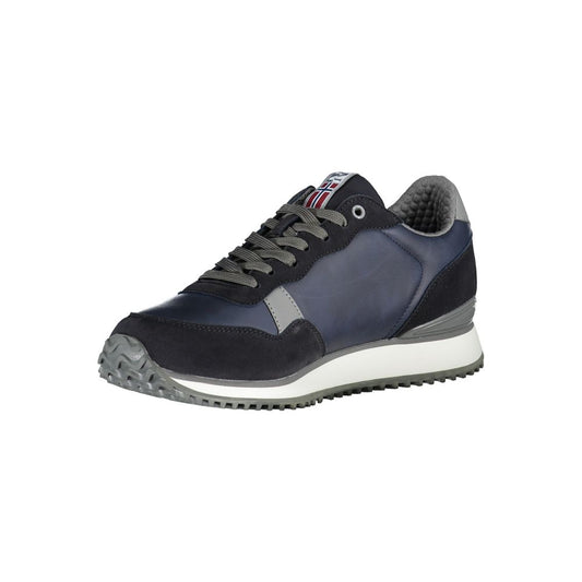 Navy blue sneaker with white sole, laces, and logo on side
