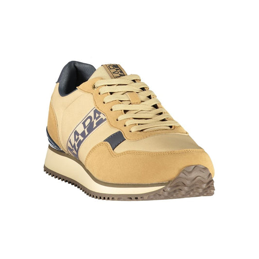 A brown fabric men's sneaker with white laces, a white sole and a logo on the side