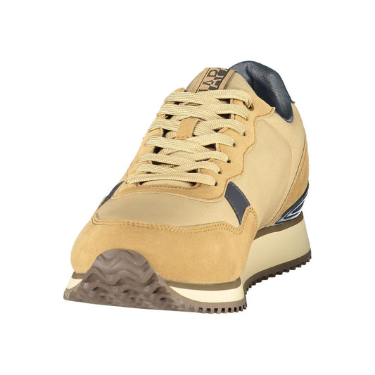 A brown men's sneaker with a white sole, laces, and logo on the side