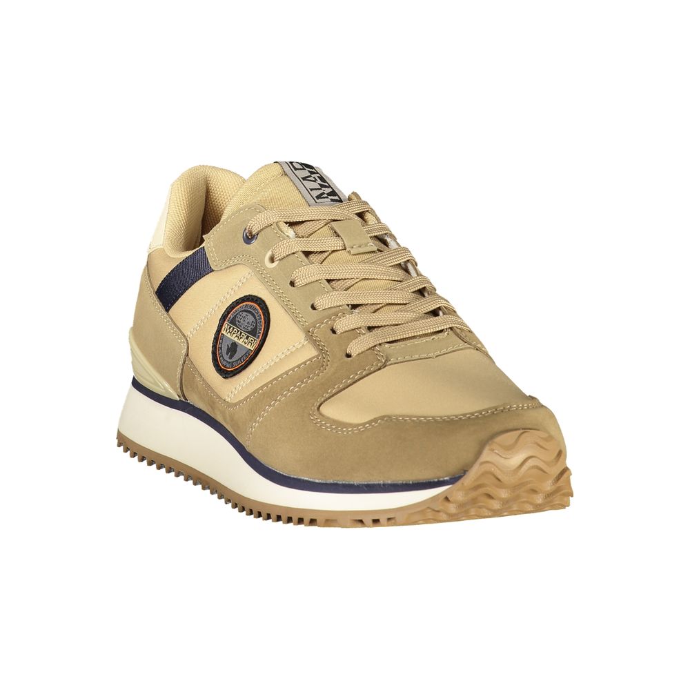 Tan men's sneaker with blue accents, laces and logo