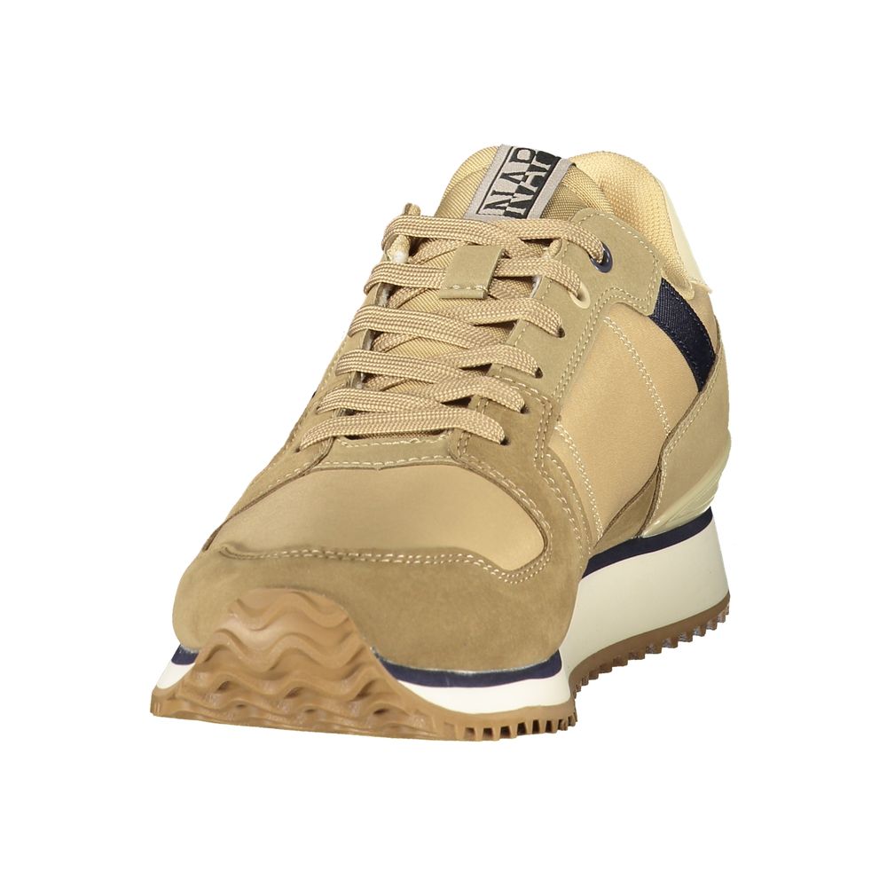 Brown polyurethane men's sneaker with white sole and laces, featuring a logo on the side