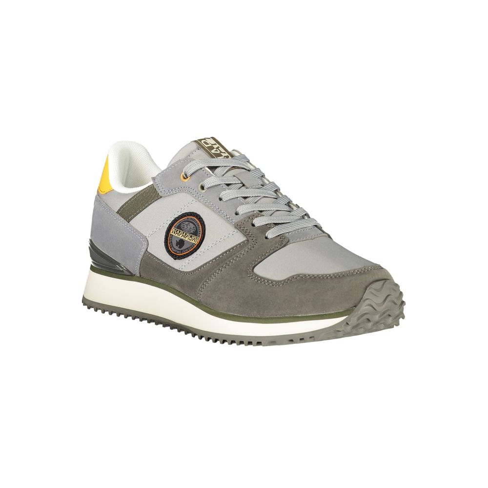 A gray polyester men's sneaker with white sole, laces and logo on the side