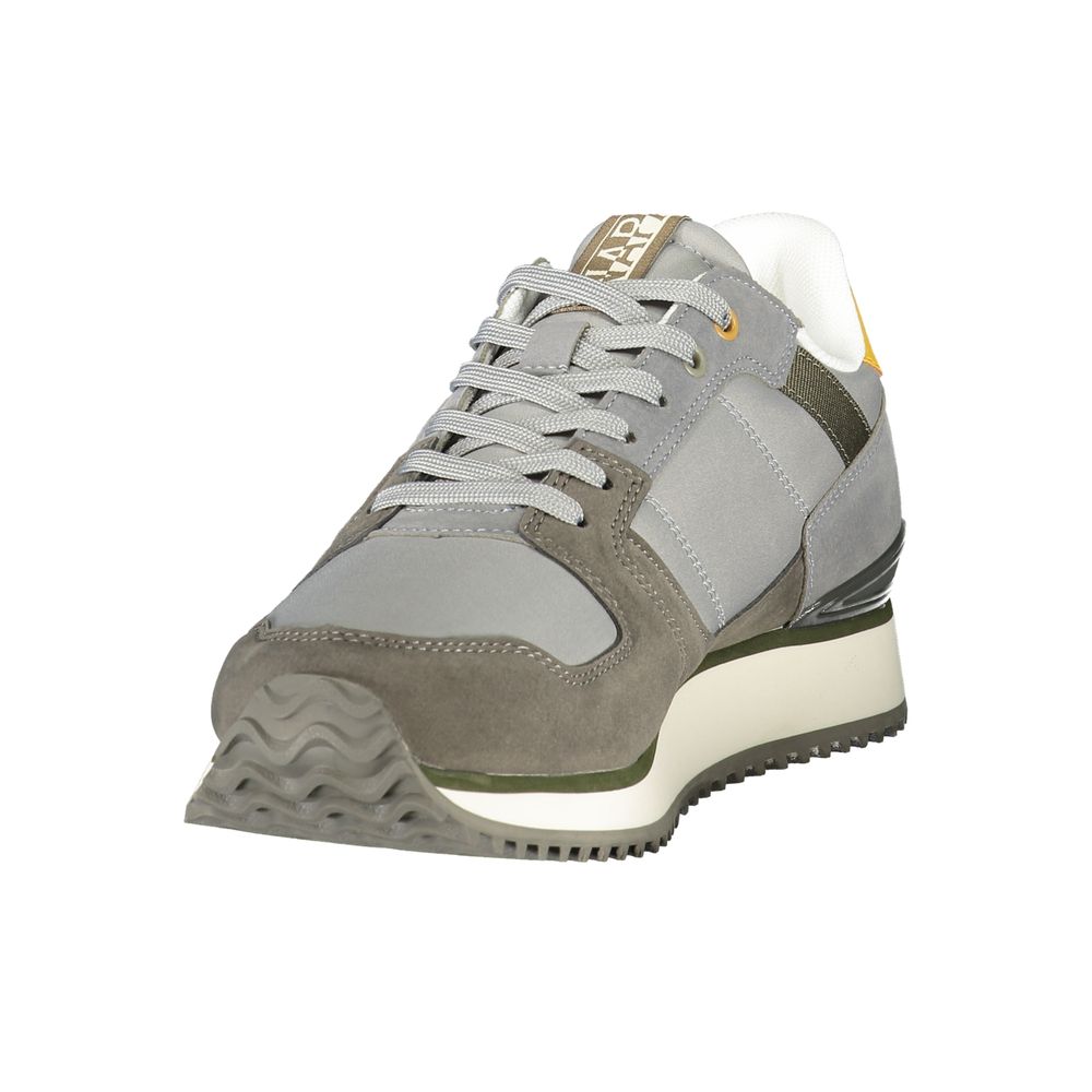 A gray polyester men's sneaker with white sole, laces and branding details