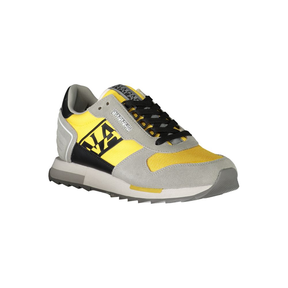 A gray polyester sneaker with yellow accents