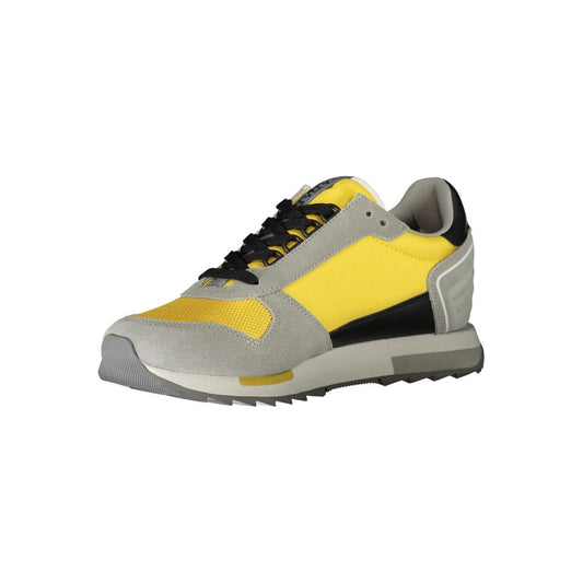 A yellow and gray sneaker with white sole