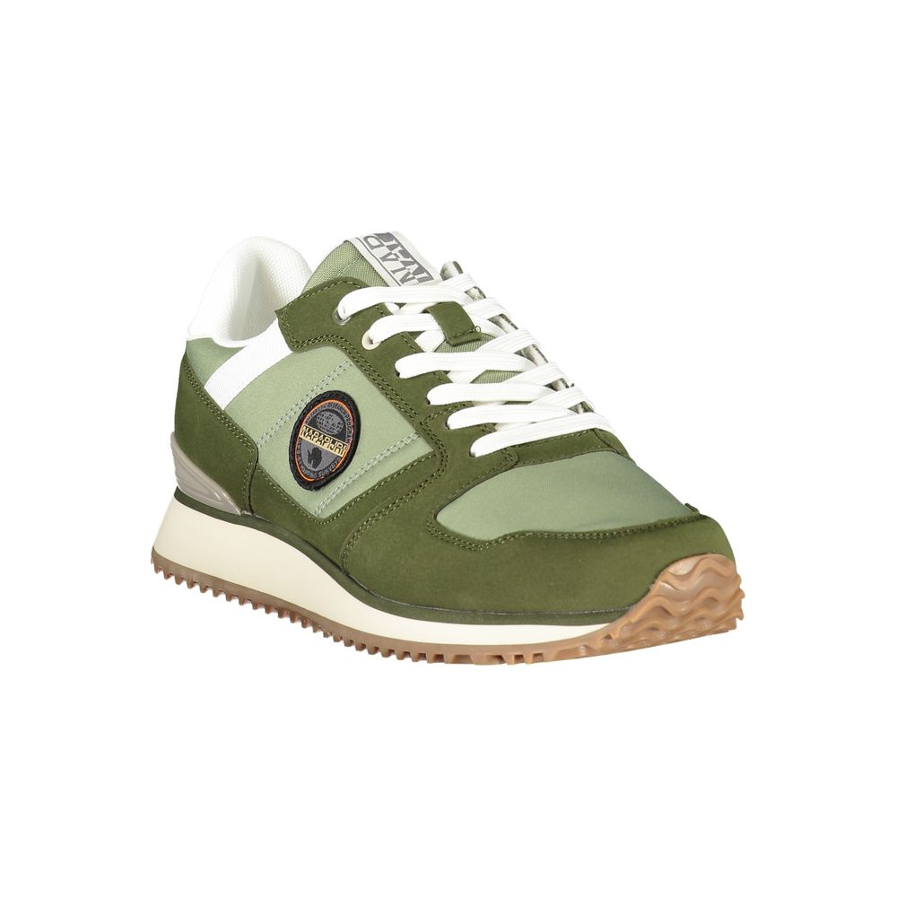 Green polyurethane men's sneaker with white laces and a logo on the side