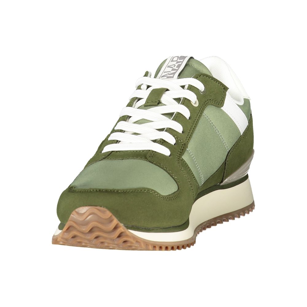 Green men's sneaker with white laces, polyurethane sole and heel
