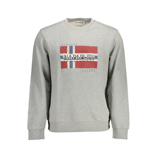 Grey sweatshirt with red white and blue logo