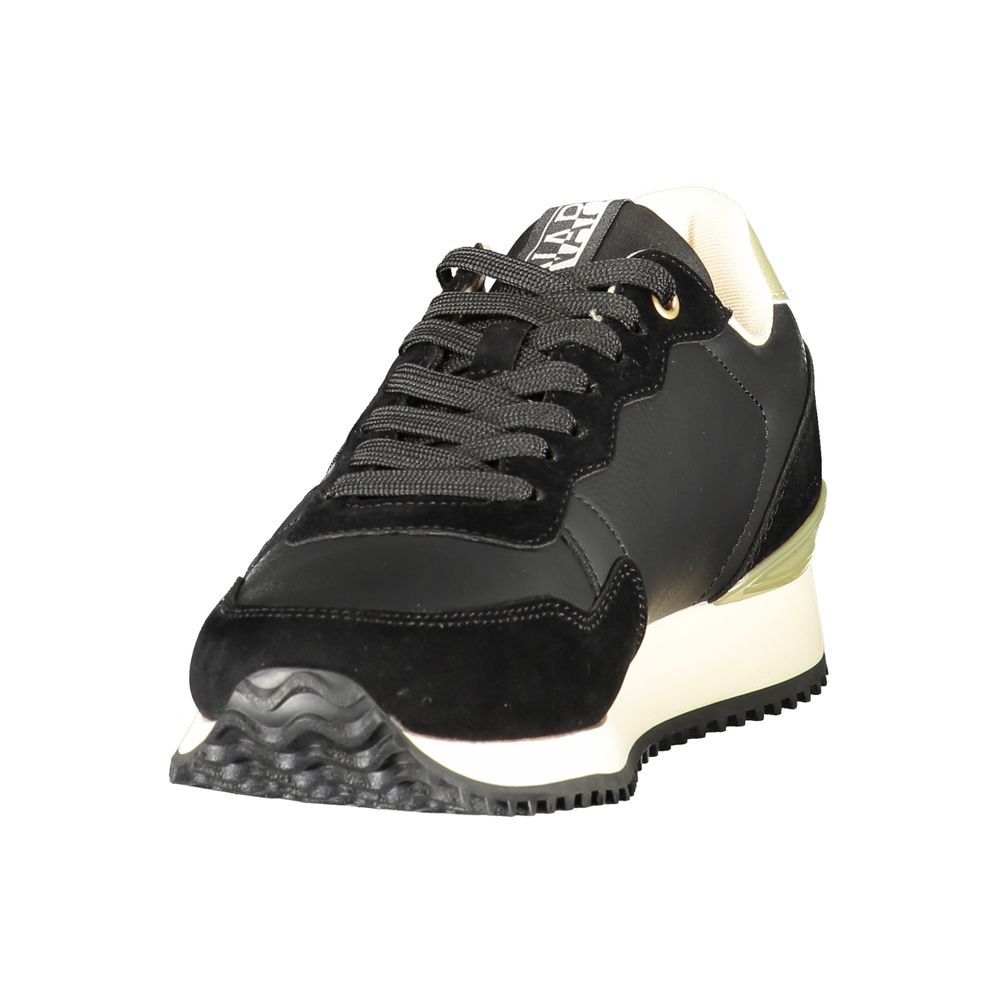 Black women's sneaker with white sole, laces and logo