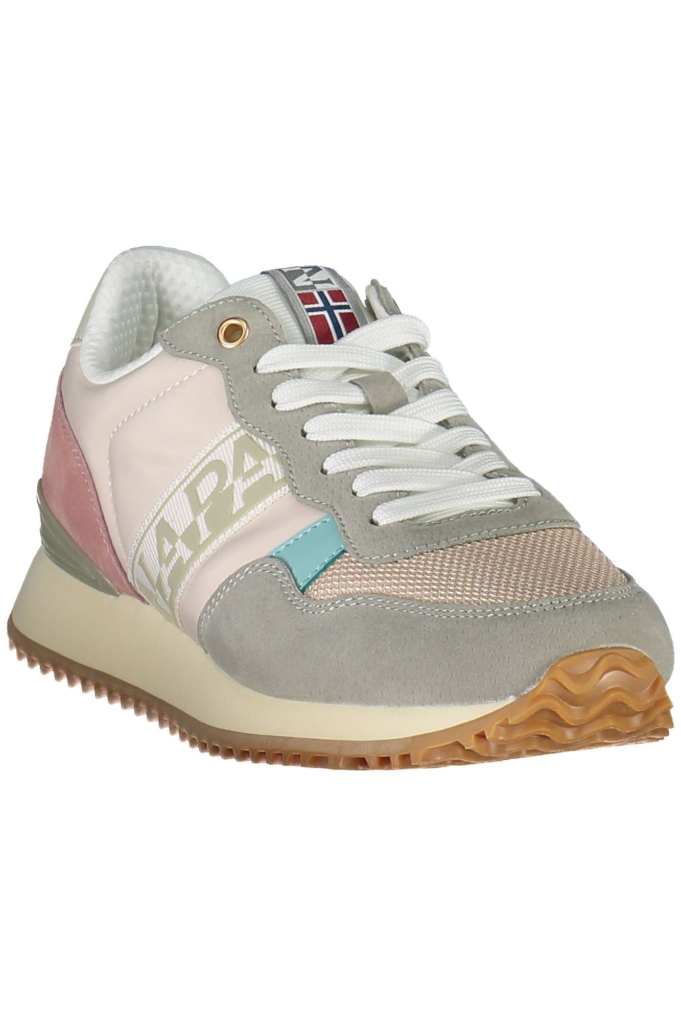 A pink polyester sneaker with a white sole, featuring a logo on the side and a textured design