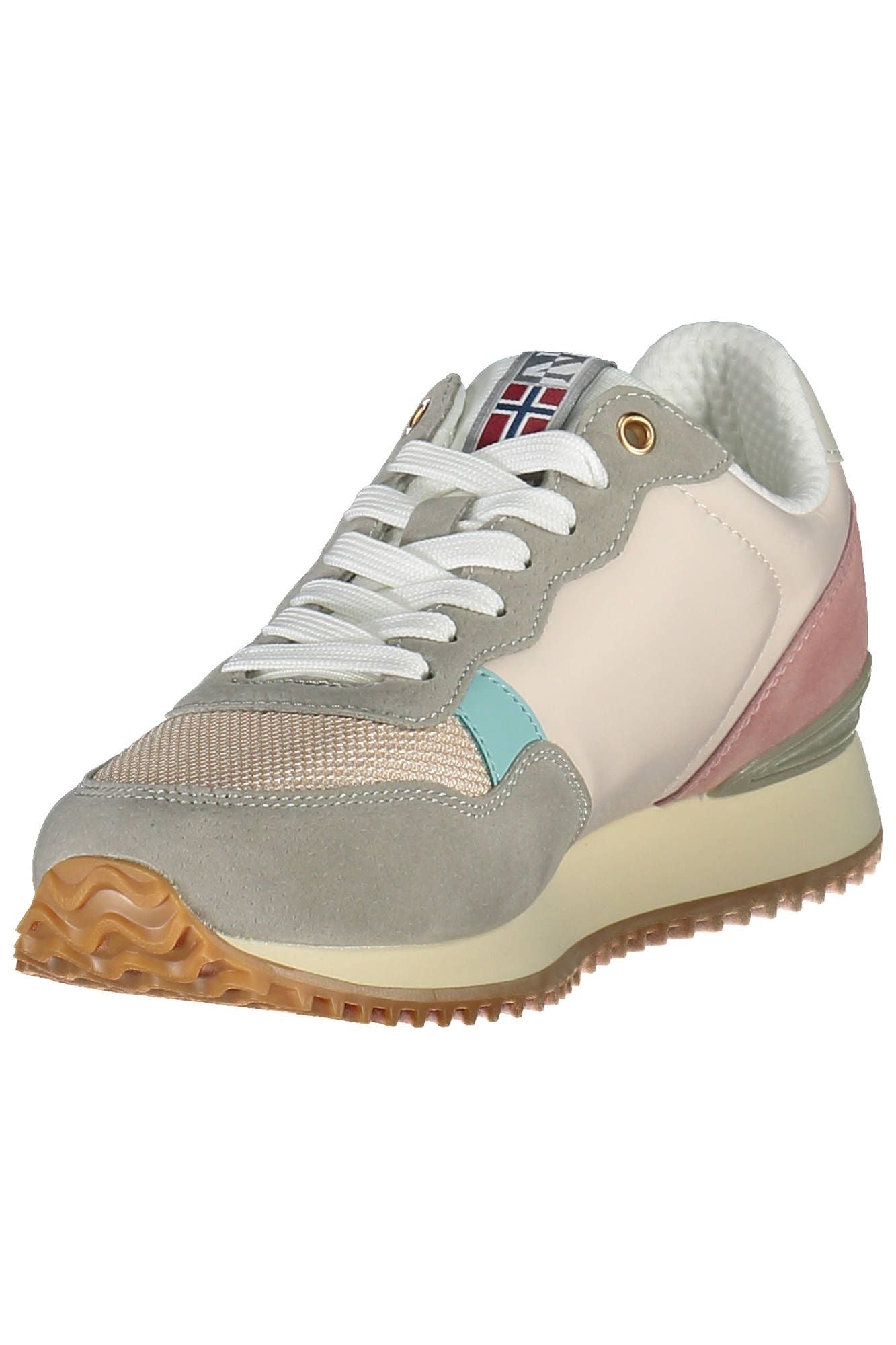 A gray sneaker with a pink sole, featuring a white lace-up front and a logo on the side