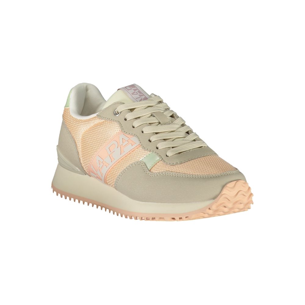 A pink women's sneaker with a white sole, featuring a patterned design on the side and a logo on the tongue