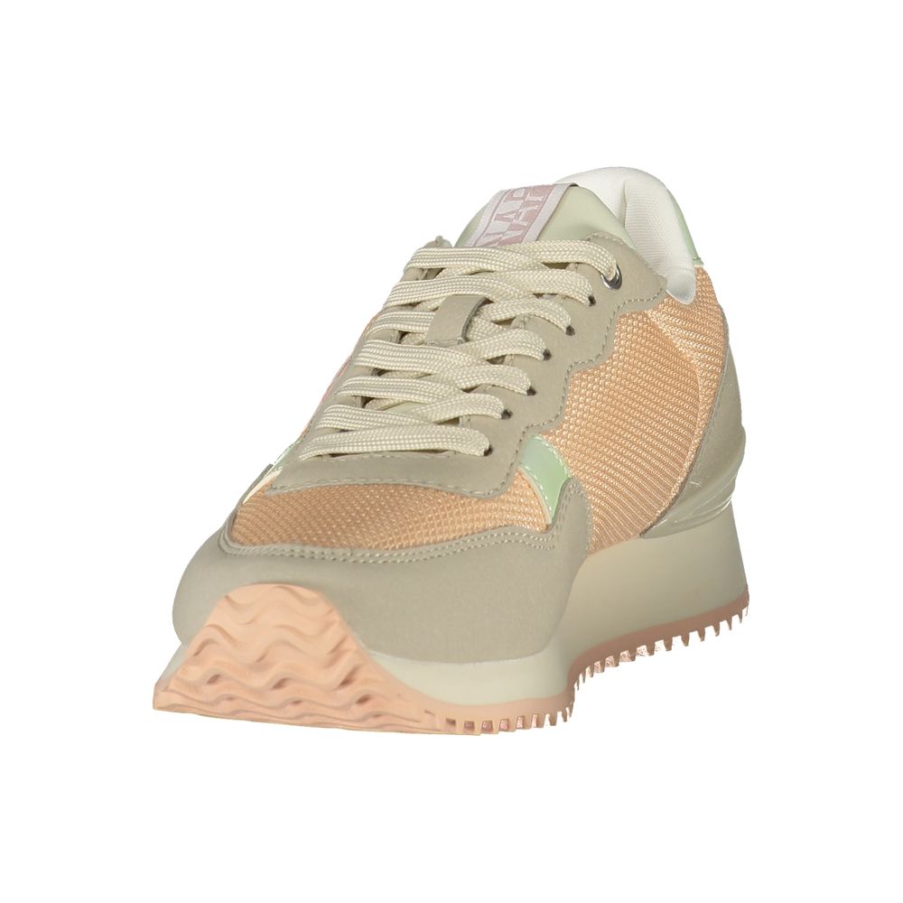 A women's sneaker with a pink sole, laces, and side panel, featuring a textured upper