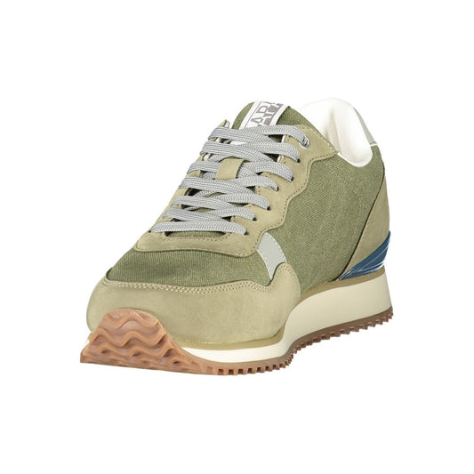 Green men's sneaker with white laces, polyurethane sole and heel
