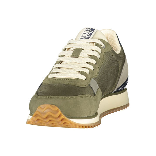 Green polyurethane men's sneaker with white laces and a white sole