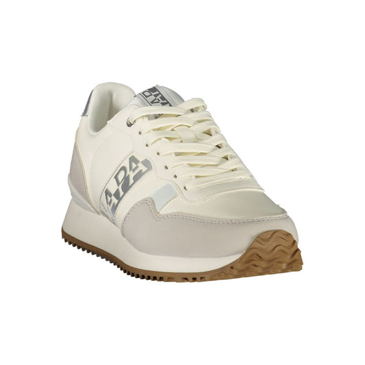 A white women's sneaker with a logo on the side, featuring a rubber sole and laces