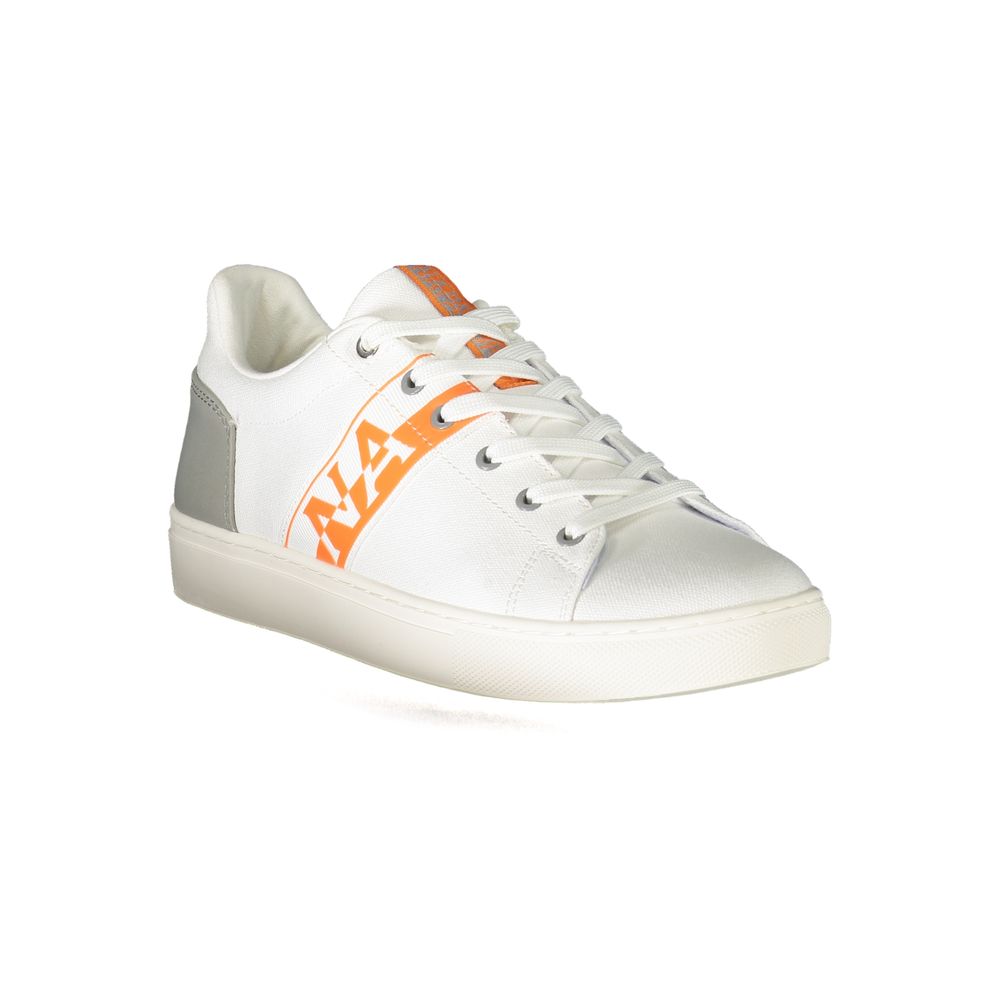White sneaker with orange stripes and logo, lace-up closure, rubber sole