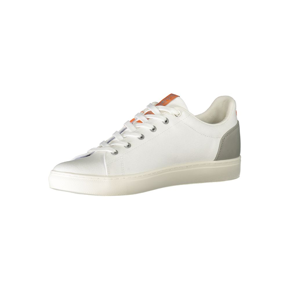 White sneaker with orange accents, laces, and sole
