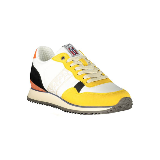 A yellow polyurethane men's sneaker with a black and white sole, featuring a logo on the side